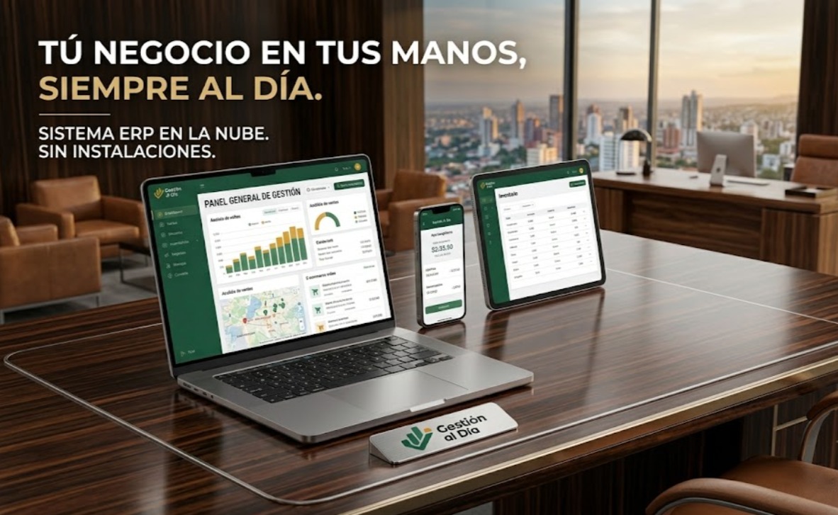 Gestión al Día: sistema ERP en la nube, visto en laptop, celular y tablet